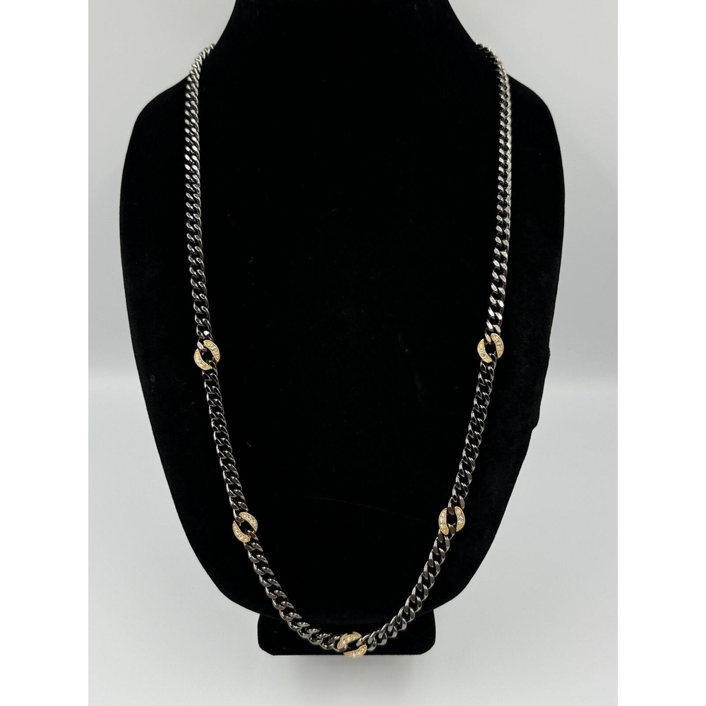 Stella & Dot Gunmetal Cuban Link Necklace Chain Long Gold Pave Rhinestone Links